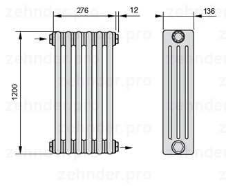 Схема (чертеж) Радиатор Zehnder Charleston 4120/6 №1670 Белый глянцевый RAL 9016